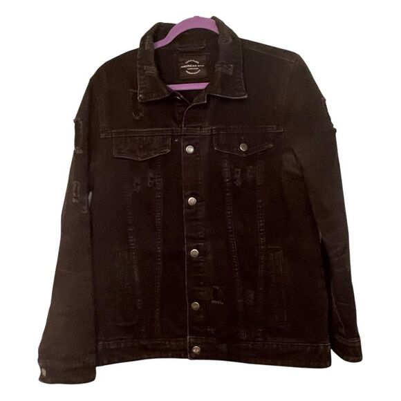 American Bazi Mona Lisa Graffiti Shut Up Jean Jacket Black Distressed Denim M - Picture 2 of 6